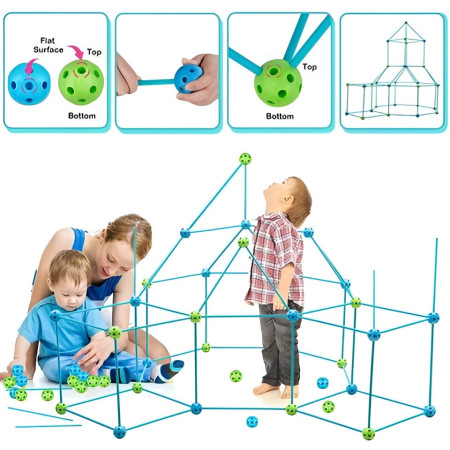 Kit de Constructie Fort 3D pentru Copii, Flippy, 560 g, 36 Sfere, 51 Tije, Panza Verde Impermeabil, 3 ani, Educativ, Multicolor