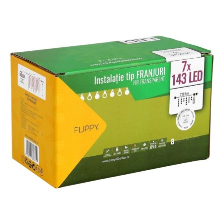 Instalatie de Craciun Flippy® Tip Franjuri, 8 jocuri de lumini cu transformator, 35 m, 1001 LED-uri , Interconectabila, Fir Transparent, Alb Rece