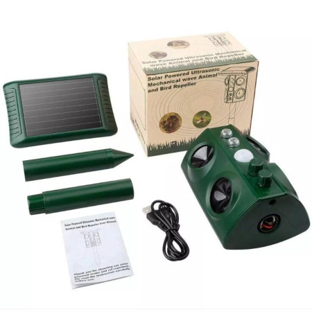 Aparat Solar LED cu Ultrasunete, Flippy, Repelent pentru Animale Mari si Mici, Lumina Rosie si Alba, Anti Rozatoare, Anti Insecte, Frecventa 13.5KHZ-45.5KHZ, Senzor PIR, 15.5 x 15.4 x 26.2 cm, Verde