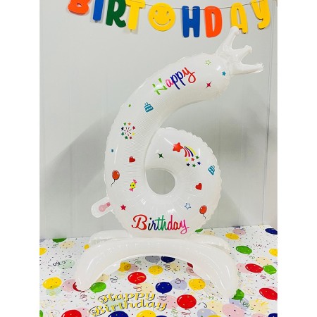 Balon din Folie Metalizata, Flippy, Figurina Cifra, Model 6 cu Happy Birthday Scris, Tema Aniversare 81 cm, Ambalaj Individual, Pai Inclus, Umflare cu Aer sau Heliu, Alb