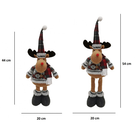 Figurina Decorativa, Pentru Craciun, Flippy, Ren, Picioare Telescopice, Inaltime Reglabila 44-54cm, Bluza cu Fulgi, Rosu/Gri