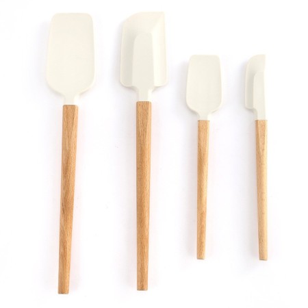 Set 4 Ustensile de Bucatarie, Flippy, din Silicon si Lemn, Spatule de Dimensiuni Diferite, Termorezistente, Antiaderente, Alb-Maro