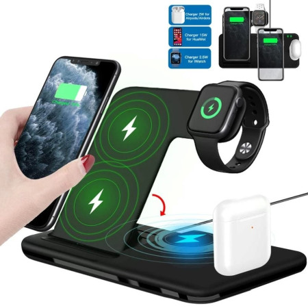 Incarcator Wireless FastCharge Flippy 4 In 1, design pliabil, 15W, Compatibil Apple Watch, Airpods, iPhone, Android, Samsung, Huawei, Xiaomi, Oppo, Negru