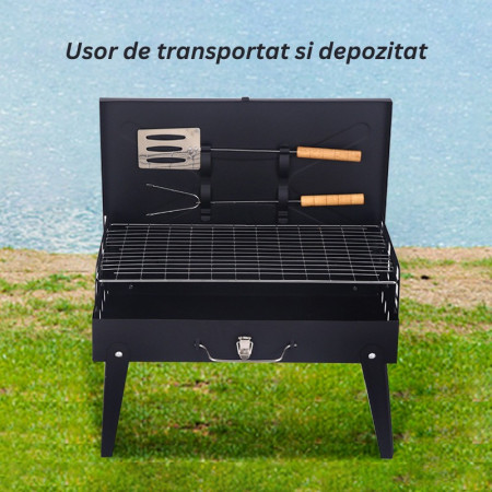 Gratar Portabil, Flippy, Pliabil, Tip Servieta, cu Accesorii pentru Gatit Incluse, Confectionat din Metal, 46x43x26 cm, Negru