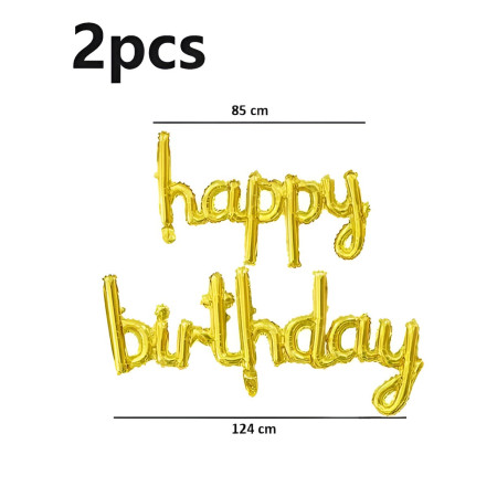 Set Baloane din Folie Metalizată, Flippy, Model Happy Birthday, 45x85 cm, 45x124cm, Baloane Party, Ambalaj Individual, Pai inclus, Umflare cu Aer sau Heliu, Gold