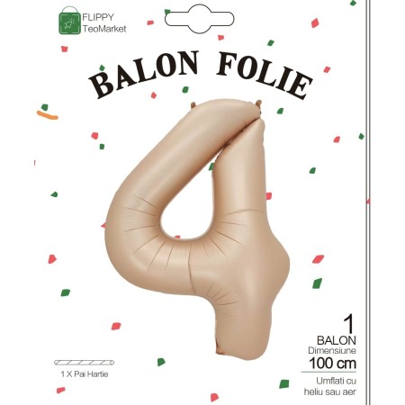 Balon din Folie Metalizata, Flippy, Figurina Cifra, Model 4, Tema Aniversare 100 cm, Ambalaj Individual, Pai Inclus, Umflare cu Aer sau Heliu, Crem