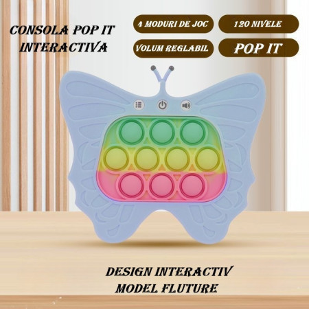 Jucarie Interactiva Tip Consola pentru Copii, Flippy, Diferite Moduri de Joc, 120 Nivele, Material ABS/silicon, Sunete si Lumini, 12 x 5.5 x 13.5 cm cm, Model Fluture, Albastru Deschis