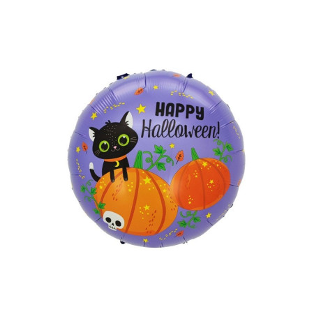 Set 5 Baloane din Folie Metalizata, Flippy, Figurine, Tema Halloween, Pai Inclus, Ambalaj Individual, Umflare cu Aer sau Heliu, Figurina Dovleac si Pisica 84x69 cm, Stelute si Cerculete 45 cm, Multicolor