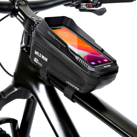 Borseta pentru bicicleta cu suport de telefon Flippy, capcitate 1L, 20.5x11.1x10.5 cm, cu spatiu de stocare, protectie waterproof, ecran tactil, fixare in 3 locuri, protectie lumina, orificiu casti, negru