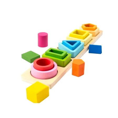 Jucarie Montessori din Lemn, Flippy, Tip Puzzle, cu 5 Forme Asimetrice, 15 Piese, Educativa, Interactiva, Creativa, Model Forme Geometrice, Materiale Non Toxice, pentru Copii peste 2 Ani, Baza 29x6.5 cm, Multicolor