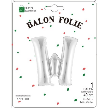 Balon Folie Metalizata Litera W, Flippy, 40 cm, Umflati cu Heliu sau Aer, Ambalaj Individual, Pai inclus, Argintiu