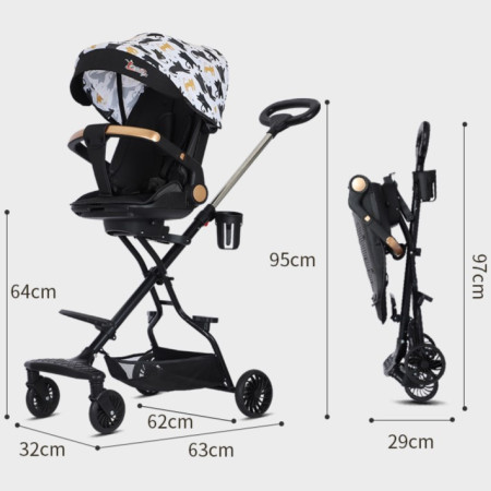 Carucior Sport Flippy 3in1, 6-36 Luni, Reversibil, Pliabil, Tavita pentru Masa, Pozitie de Somn, Centura de Siguranta, Roti 360, Suport Pahar, Copertina pentru Soare, 32x63x95cm, Negru Model Pisicute