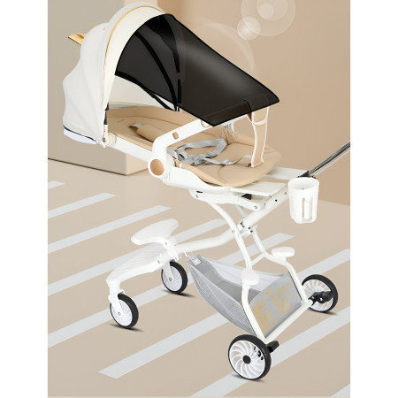 Carucior Sport Flippy 3in1, 6-36 Luni, Reversibil, Pliabil, Tavita pentru Masa, Pozitie de Somn, Centura de Siguranta, Roti 360, Suport Pahar, Copertina pentru Soare, 33x66x85cm, Alb Model Pisica