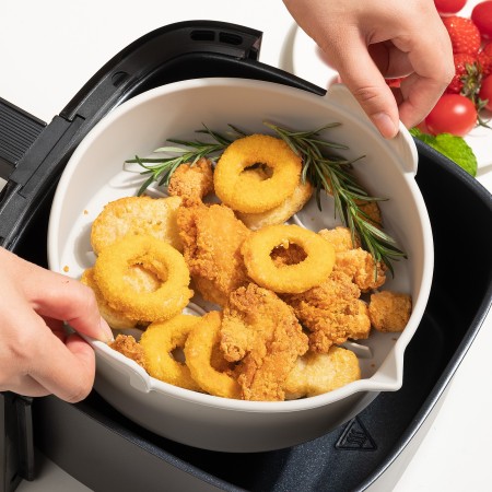 Set 2 tavi din silicon ecologic pentru air fryer Flippy, temperatura maxima 230 grade, reutilizabile, reciclabile, cu manere anti-alunecare, fund antiaderent, 18.7 x 19.5 x 7 cm, gri