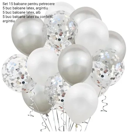 Set 15 baloane pentru petrecere, Flippy, alb/argintiu, 30 cm