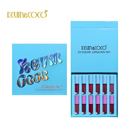 Set Rujuri de Buze, KEVIN & COCO, 12 Culori, 17x14.8x2.9 cm, Diferite Nuante, LipGloss, Albastru