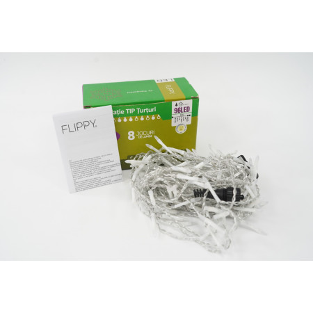 Sectiune Instalatie de Craciun Flippy® Tip Turturi, 8 jocuri de lumini 3 m, 96 LED-uri, Interconectabila, Fir Transparent, Alb Cald, Atentie! nu contine alimentator