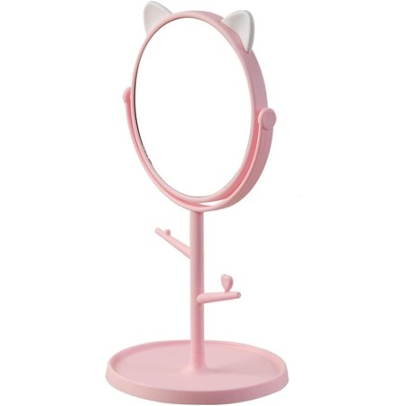 Oglina Cosmetica cu Picior, Flippy, HD, Rotire 360 Grade, 15 cm Diametru, Suport Bijuterii Baza Rotunda + 2 Brate, Model cu Urechi, 31 x 14.5 x 15 cm, din Plastic, Roz/Alb