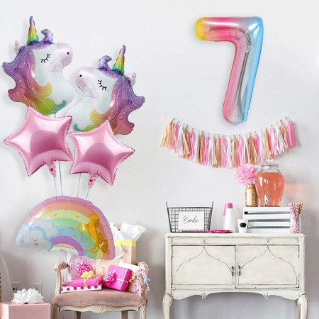 Balon din Folie Metalizata Gradient Flippy, Figurina Cifra, Tema Aniversare 100 cm, Ambalaj Individual, Pai inclus, Umflare cu Aer sau Heliu, Multicolor, Cifra 7