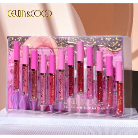 Set 12 Lip Gloss Kevin&Coco, nuante de rosu, rose, nude, roz, cutie dreptunghiulara, 26.5x16.5x2.2 cm, 200 g, multicolor