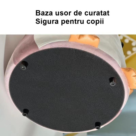 Taburet Pentru Copii, Flippy, Cadru din Lemn Masiv, 25 x 29 x 29 cm, Perna de Burete Elastica si Maner de Transport, in Forma de Pinguin, Roz