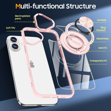 Husa de Protectie TPU, Flippy, pentru iPhone 16 Plus, Anticadere, cu Incarcare Wireless, Tehnologie Magsafe, Inel Magnetic Rotativ cu Functie de Suport, Transparent-Roz