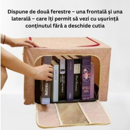 Cutie de Depozitare Pliabila, Flippy,100 L, din Bumbac si In, 60X42X40 cm, Fereastra Frontala, 2 Usi de Acces cu Fermoar Bidirectional, Cadru Metalic, Suport Baza Stabil din Plastic, Roz Pudrat