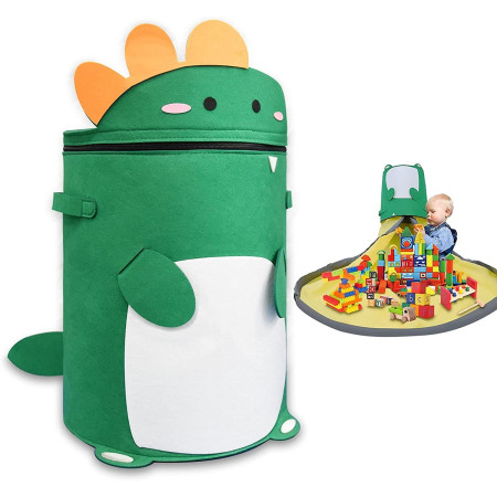 Cutie de Depozitare 2In1, Flippy, Impermeabila, Covor pentru Jucarii si Lego 150cm, Capacitate Mare, cu Manere, cu Sfori, Inaltime 40cm, Model Dinozaur, Verde