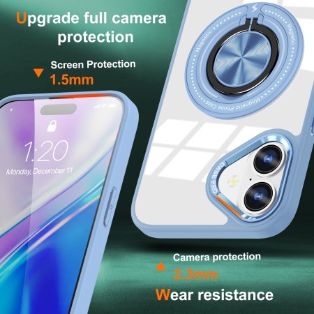 Husa de Protectie TPU, Flippy, pentru iPhone 16, Anticadere, cu Incarcare Wireless, Tehnologie Magsafe, Inel Magnetic Rotativ cu Functie de Suport, Transparent-Albastru Deschis