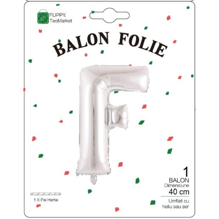 Balon Folie Metalizata Litera F, Flippy, 40 cm, Umflati cu Heliu sau Aer, Ambalaj Individual, Pai inclus, Argintiu