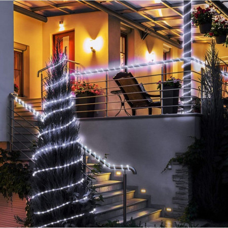 Instalatie luminoasa de Craciun tip furtun luminos, 300 LED-uri, 32 metri lungime, 8 programe, 2 metri prelungitor, sarma din cupru, incarcare solara, alb rece, Flippy