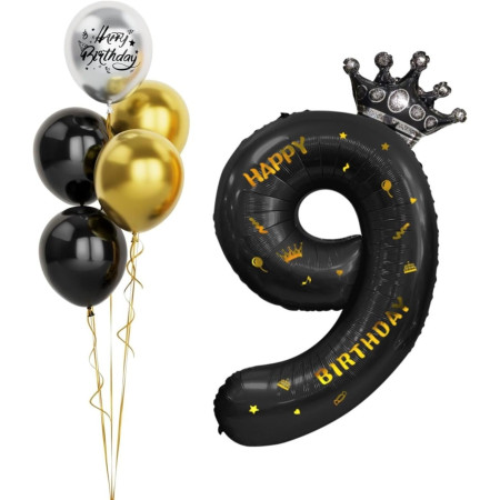 Balon din Folie Metalizata Flippy, Figurina Cifra si Coroana, Scris Happy Birthday, Tema Aniversare 100 cm, Ambalaj Individual, Pai inclus, Umflare cu Aer sau Heliu, Negru, Cifra 9