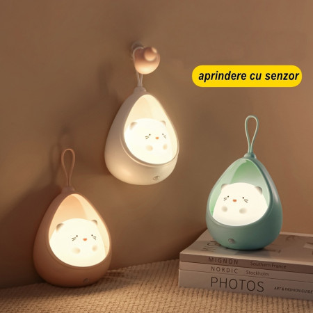 Lampa de veghe portabila cu 2 moduri de functionare Flippy, silicon non-toxic, reincarcabila USB, senzor miscare, alb, iepuras