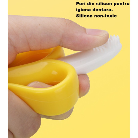 Jucarie dentitie bebelusi Flippy, banana, cu manere de prindere, material silicon non-toxic, fara miros, 10.5x5.9 cm, galben