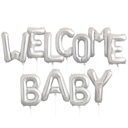 Set Baloane din Folie Metalizata, Flippy, Figurine Litere, Model Welcome Baby, Tema Aniversare, 40 cm, Ambalaj Individual, Pai inclus, Umflare cu Aer sau Heliu, Argintiu