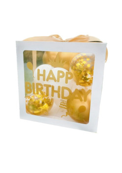 Cutie pentru Baloane, Flippy, Tematica Aniversare, Model Scris Happy Birthday, Baloane Aurii, Albe si Panglica Incluse, Contur Alb, Transparenta, 30x30 cm