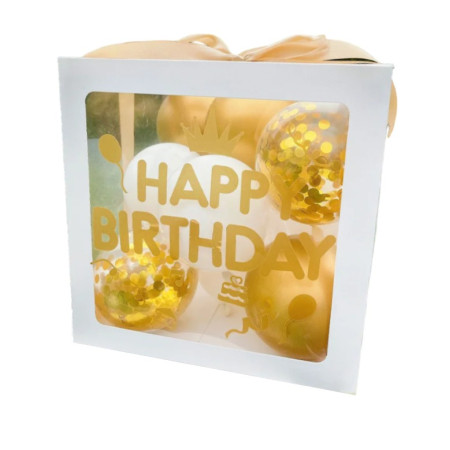 Cutie pentru Baloane, Flippy, Tematica Aniversare, Model Scris Happy Birthday, Baloane Aurii, Albe si Panglica Incluse, Contur Alb, Transparenta, 30x30 cm