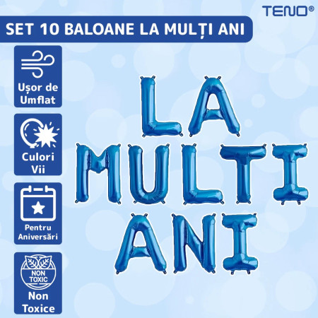 Set 10 Baloane din Folie Metalizata, Flippy, Figurine Litere, Model La multi ani, Tema Aniversare, 40 cm, Ambalaj Individual, Pai Inclus,  Umflare cu Aer sau Heliu, Albastru