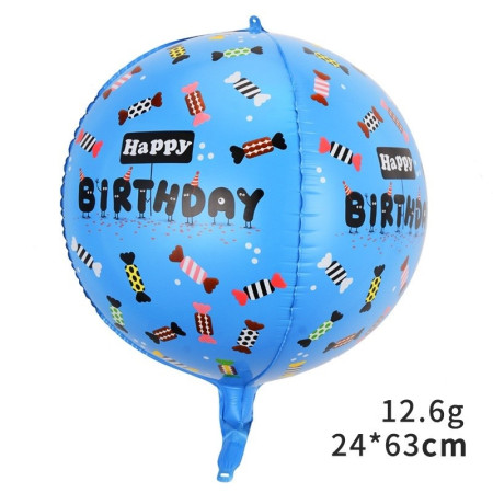 Balon din Folie Metalizata, Flippy, Figurine 4D, Model Happy Birthday, Tematica Aniversara Bombonele, 63x24 cm, Ambalaj Individual, Pai Inclus, Umflare cu Aer sau Heliu, Albastru