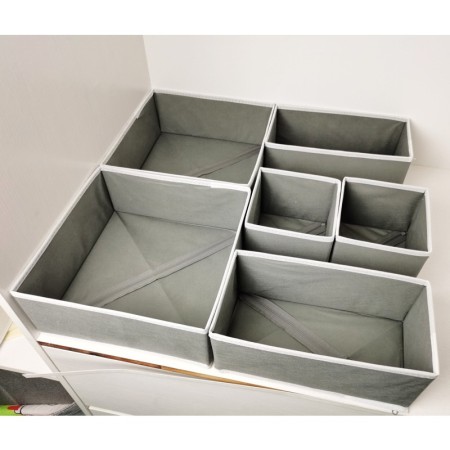 Organizator sertar pentru lenjerie intima, tip cutie cu partitii, set 3 in 1, 6 piese, gri cu alb