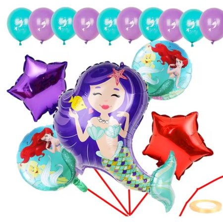 Balon din Folie Metalizata, Flippy, Mini Figurine, Model Sirena cu Par Mov, Tematica Aniversare, 39x37 cm, Ambalaj Individual, Pai Inclus, Umflare cu Aer sau Heliu, Multicolor