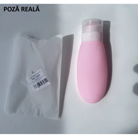 Recipient Portabil din Silicon Elegant de Voiaj, Sticla de Calatorie, Flippy, Potrivita pentru Lotiune, Sampon si Alte Lichide, Anti-scurgere, cu Posibilitate de Reumplere, Capacitate 90mL, 14cm, Roz