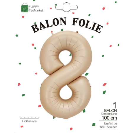 Balon din Folie Metalizata, Flippy, Figurina Cifra, Model 8, Tema Aniversare 100 cm, Ambalaj Individual, Pai Inclus, Umflare cu Aer sau Heliu, Crem