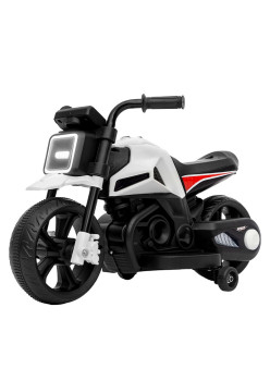 Motocicleta Electrica cu 2 Roti Mari si 2 Roti Ajutatoare, Flippy, Acumulator Incarcare, Anti-Rasturnare, Lumini, Muzica, Motor:380, Baterie 6V4.5, 41.5x70x34 cm, 4.5 Kg, 3 Ani+, Alb Negru