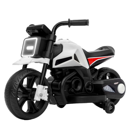 Motocicleta Electrica cu 2 Roti Mari si 2 Roti Ajutatoare, Flippy, Acumulator Incarcare, Anti-Rasturnare, Lumini, Muzica, Motor:380, Baterie 6V4.5, 41.5x70x34 cm, 4.5 Kg, 3 Ani+, Alb Negru