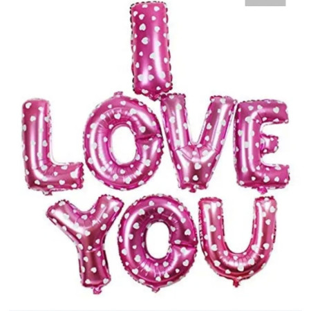 Set 8 Baloane din Folie Metalizata, Figurine Litere, Model I Love You, Tema Ziua Indragostitilor, 40 cm, Ambalaj Individual, Pai Inclus, Umflare cu Aer sau Heliu, Roz cu Inimioare Albe