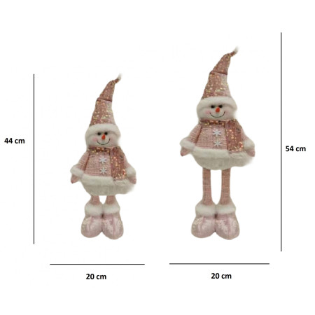 Figurina Decorativa, Pentru Craciun, Flippy, Om de Zapada, Picioare Telescopice, Inaltime Reglabila 44-54cm, Caciula cu Paiete, Roz