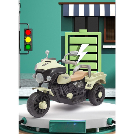 Motocicleta Electrica Flippy, cu Acumulator, cu Sistem Anti-Rasturnare, Sistem de Lumini si Muzica, Cutie de Depozitare, 1-8 Ani, 93 x 43 x 58 cm, Alb - Bej