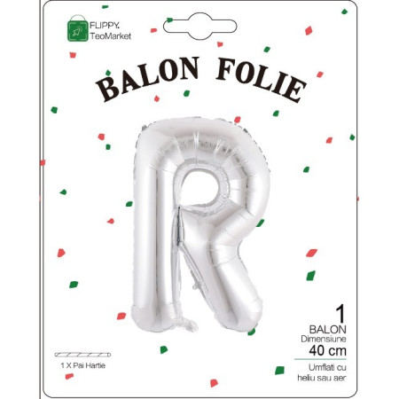 Balon Folie Metalizata Litera R, Flippy, 40 cm, Umflati cu Heliu sau Aer, Ambalaj Individual, Pai inclus, Argintiu