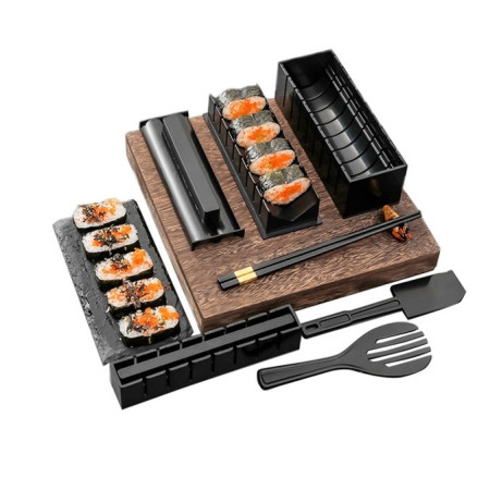 Set ustensile pentru facut sushi Flippy, 10 piese, forma inima inclus, 3 forme clasice, extensibil, finisaj lucios, material ABS, curatare usoara, negru